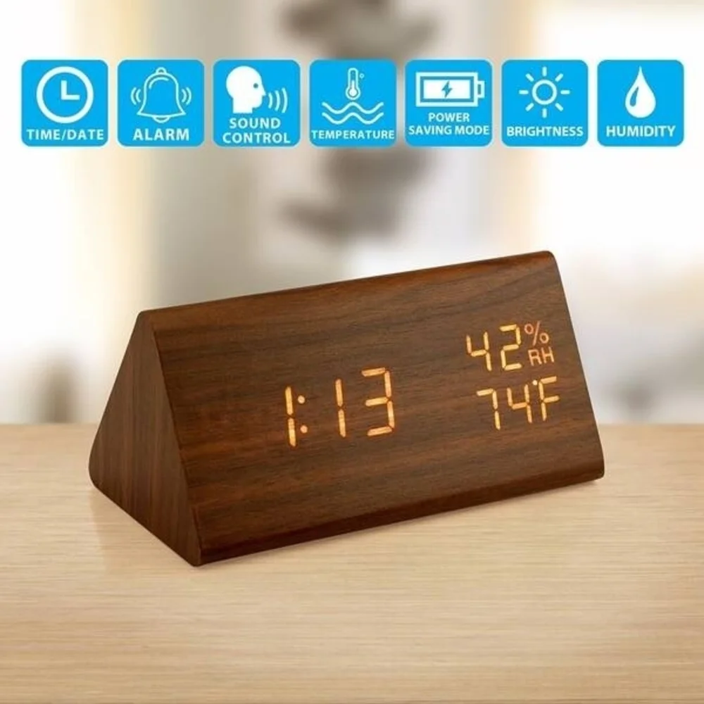 Wooden LED Digital Alarm Clock BROWN - Picture 2 of 8